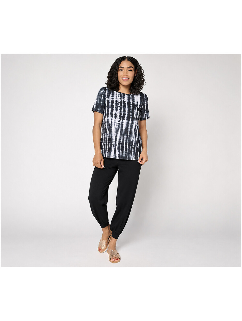 Anybody Regular Cozy Knit Printed Short Sleeves Tee & Jogger Set Black, Size 1X